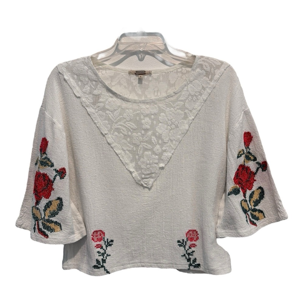 Ginnicks Crop Top Medium White Lace Rose Embroidered Boho‎ Cottagecore Festival